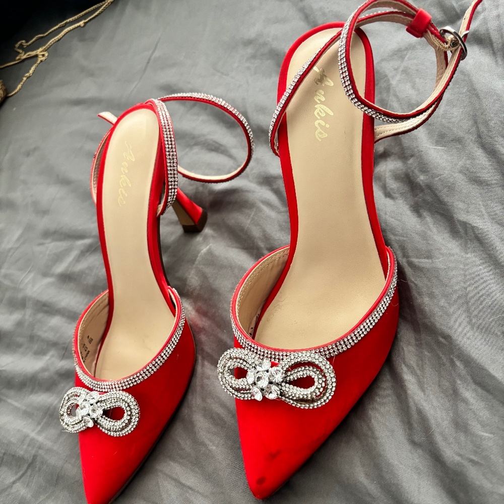 Elegant Red Heels with Rhinestone Detail